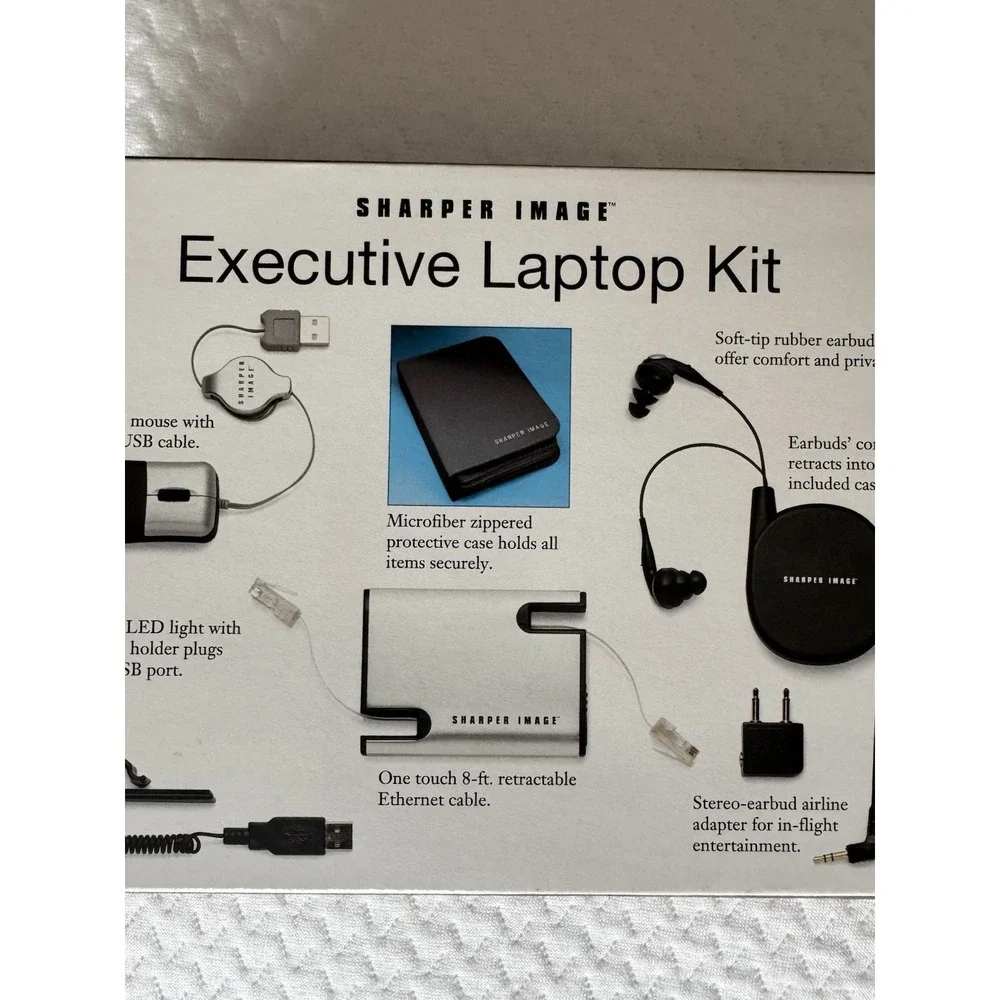 New Sharper Image Executive Laptop Kit LED Light Earbuds Ethernet Cord & Mouse
